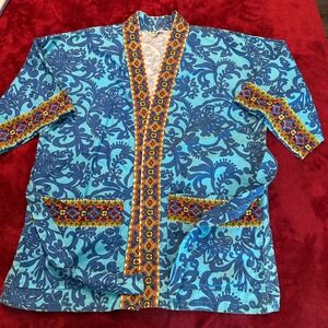 Vintage Hukilau Fashions Honolulu Blue Floral Kimono Robe‎ Wrap Jacket Trimmed